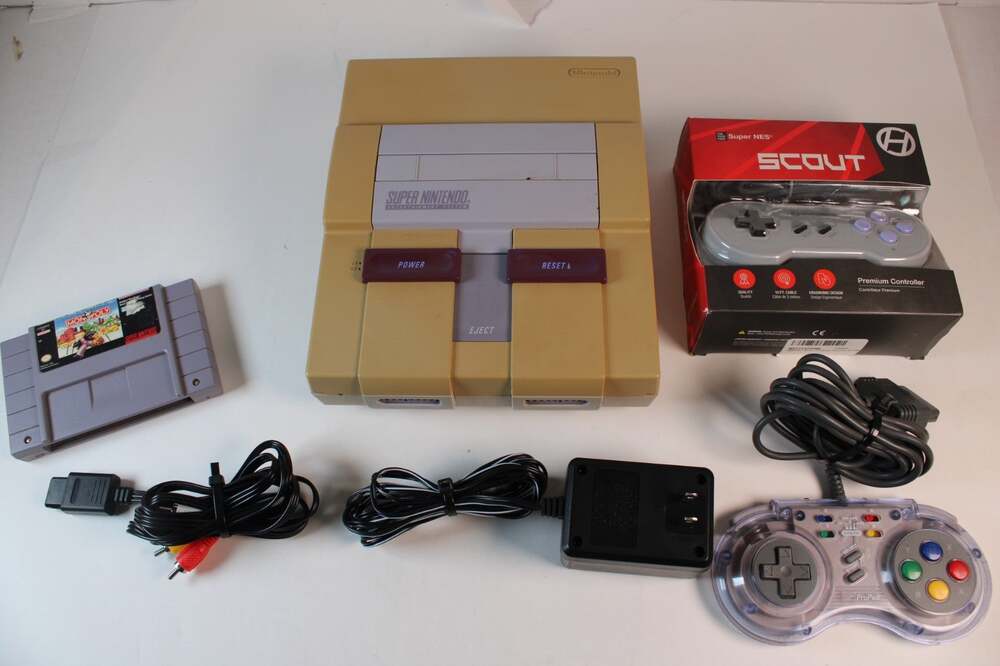 Super Nintendo SNES Console Bundle W/ 2 controllers, 1 games, cables TESTED